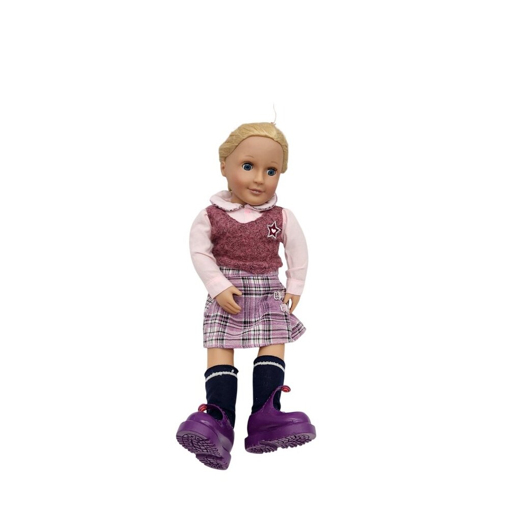 18" Battat Blonde Doll In Pink Plaid Outfit & Purple Shoes